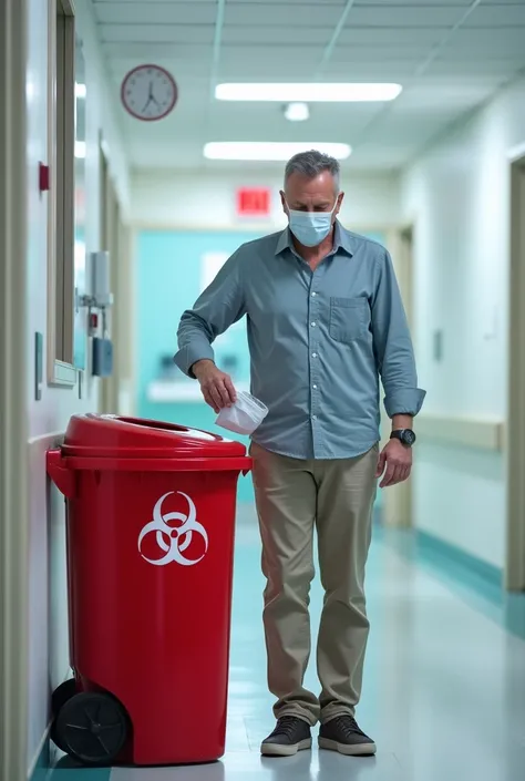 A person in street clothes taking off his mask in a hospital disposing of the mask into a red bin.