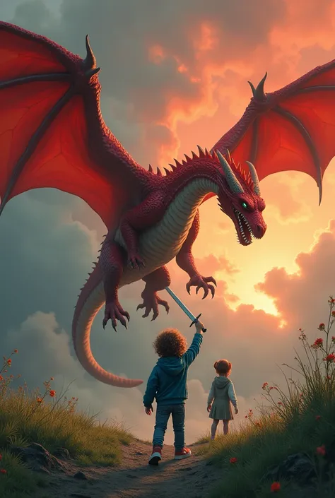 three-headed red dragon with spread wings flying upwards, below green grass and half rotten gray. red sky mixed with black and gray smoke, on the grass a white boy with his back turned with curly brown hair wearing jeans and a blue jacket. and sword raised...