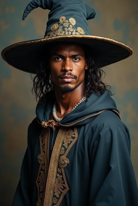 (photorealism:1.2), ronaldinho gaucho, football player, dressed as a wizard, wizard hat, wizard robe 