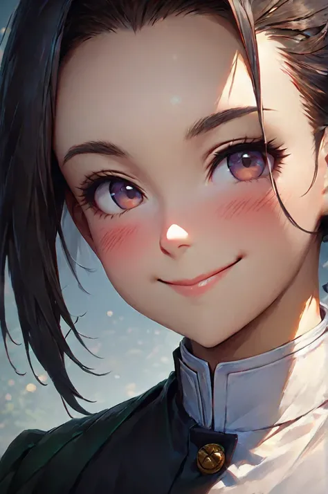 masterpiece, best quality, ultra-detailed, Potrait of beautiful MitsuruDS, solo, demon_slayer_uniform, smile, looking_at_viewer, blush, closed_mouth, portrait, volumetric lighting, best quality, masterpiece, intricate details, tonemapping, sharp focus, hyp...