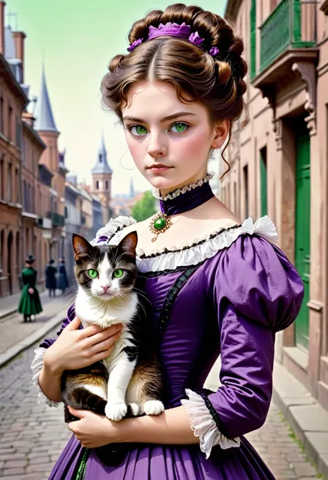 A 20-year-old woman with a hard and cold character, Brown hair updo and locks of hair, purple victorian era dress,green eyes, carrying a cat: black with white, In the background the city of Toulouse, 1880s