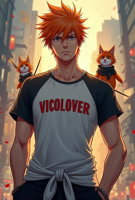 Illustrate Ichigo Kurosaki wearing a t-shirt that says " Vicolover " and Teemo and Yasuo from Legends appear in the background