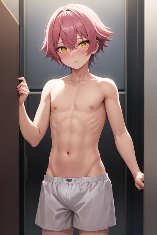 boy ,pink hair ,yellow eyes ,boxers ,high quality ,masterpiece ,blushing ,boyish ,shirtless