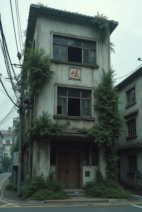 Local city in Japan, exterior of building, abandoned hospital with human taxidermy workshop, appears to have been formerly a private town doctor.