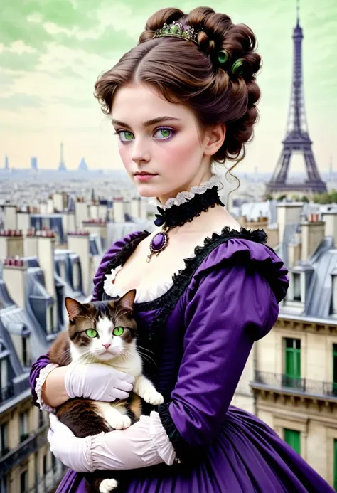 A 20-year-old woman with a hard and cold character, Brown hair updo and locks of hair, purple victorian era dress,green eyes, carrying a cat: black with white, in the background the city of Paris, 1880