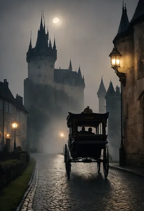 A dark night, a horse-drawn carriage moving towards a gloomy castle, moonlight, shadows, fog, detailed textures, cinematic lighting, moody atmosphere, fantasy, dramatic, (best quality,4k,8k,highres,masterpiece:1.2),ultra-detailed,(realistic,photorealistic,...