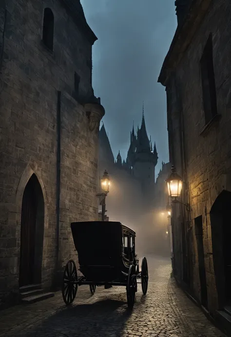 A dark night, a horse-drawn carriage moving towards a gloomy castle, moonlight, shadows, fog, detailed textures, cinematic lighting, moody atmosphere, fantasy, dramatic, (best quality,4k,8k,highres,masterpiece:1.2),ultra-detailed,(realistic,photorealistic,...