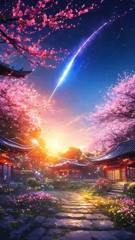 masterpiece, Concept Art, panoramic, In the center, number, Wide-angle lens, Garden, night, (meteor), space galaxy background, (Magnificent composition, Epic Proportions), Dynamic Lighting, Vibrant colors, Cherry blossoms,