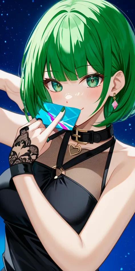 (((Green hair))), (((bob hair cut))), ((black collar))),(((green eyes))), ((Highest quality、(((black nail polish))), masterpiece、anime style、best quality、high resolution、8k、detailed、ultra-detailed:1.3))、Long legs、Sharp focus:1.2, Beautiful woman with perfe...