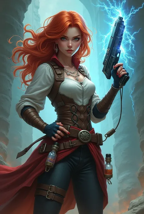 desenhe uma mulher ruiva. She is an alchemist who uses a plasma cannon.. Faça ela como um personagem de d&d. Put some vials and portions on your belt 
