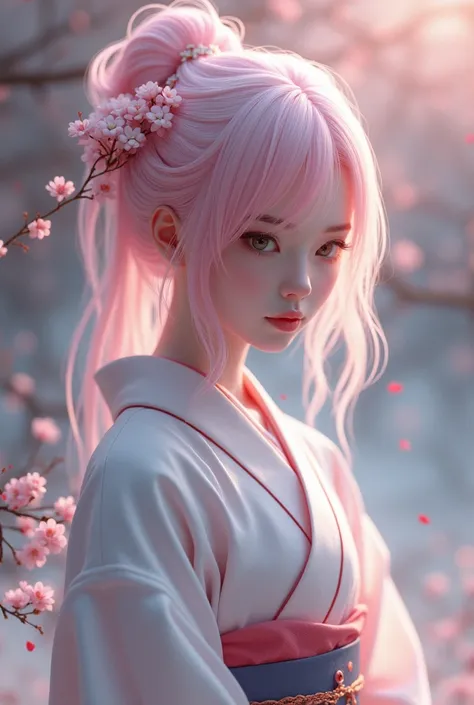 A hyperrealist, Very detailed, and a 16k high resolution image of a young man, beautiful ghost woman or guardian spirit. She has light pink hair and translucent skin.., and is dressed in a traditional Japanese kimono with a small cherry blossom design on t...