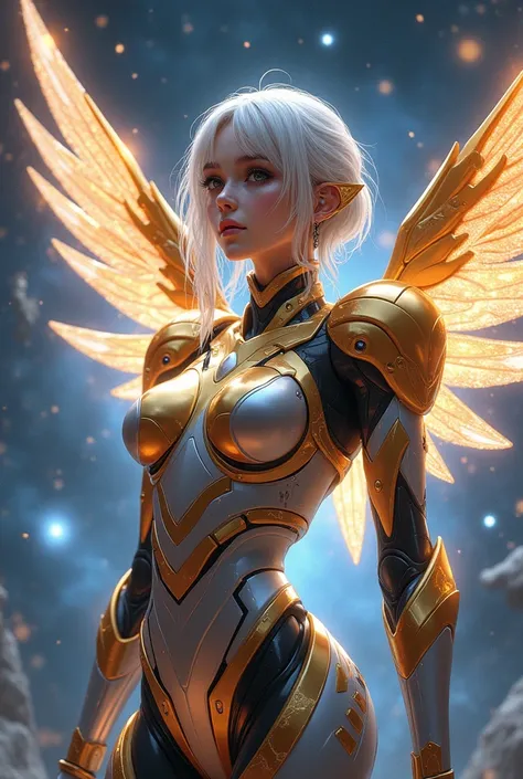 Robotic girl in gold and silver armor with diamond wings, breasts big, with space scenery. アニメ