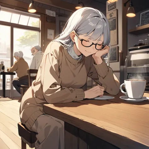 80 years old,old woman,Black-rimmed glasses,Brown sweater,Older people have a leaning forward posture,Quietly close your eyes,sitting in a coffee shop,Calm expression,Morning Set,