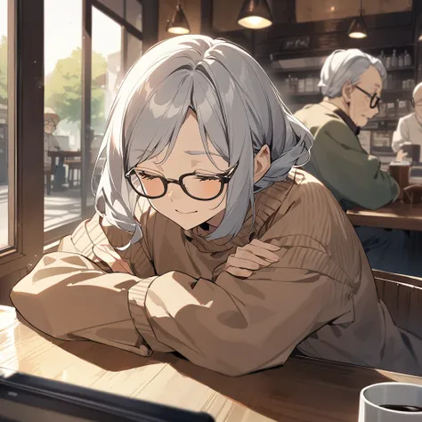 80 years old,old woman,Black-rimmed glasses,Brown sweater,Older people have a leaning forward posture,Quietly close your eyes,sitting in a coffee shop,Calm expression,Morning Set,