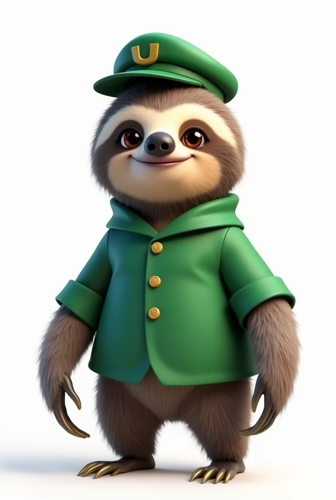 Please create a Pixar-style image of a Sloth in a green uniform on a white background looking straight ahead and add a curved green cap.. Make Sloth Bear look cute and happy looking straight at the screen.