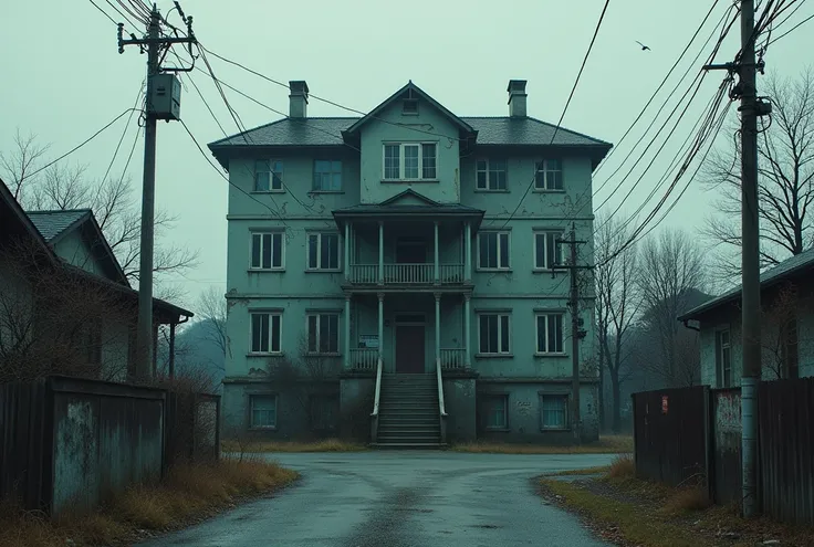 Local city in Japan, exterior of building, abandoned hospital with human taxidermy workshop, appears to have been formerly a private town doctor.