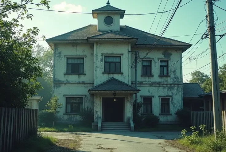 Local city in Japan, exterior of building, abandoned hospital with human taxidermy workshop, appears to have been formerly a private town doctor.