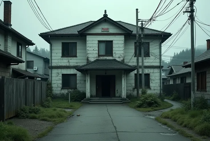 Local city in Japan, exterior of building, abandoned hospital with human taxidermy workshop, appears to have been formerly a private town doctor.