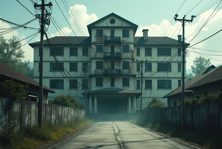 Local city in Japan, exterior of building, abandoned hospital with human taxidermy workshop, appears to have been formerly a private town doctor.