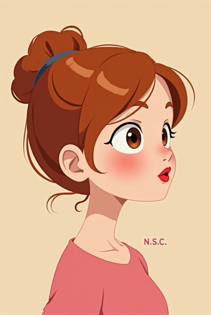  animated logo of auburn haired girl, eyes the color of honey, thin face, slim body in a pink blouse, red cheeks and full lips that say N below.s.c. in capital letters