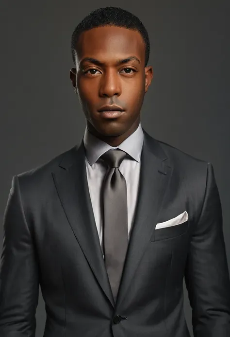 a hyper-realistic portrait of shawt, a young black man in his prime, wearing a tailored charcoal suit with a silk tie. half-body...