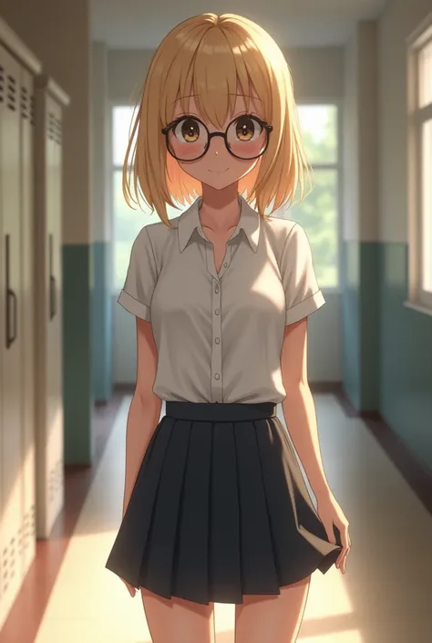 Blonde schoolgirl with glasses in school uniform with a very short skirt