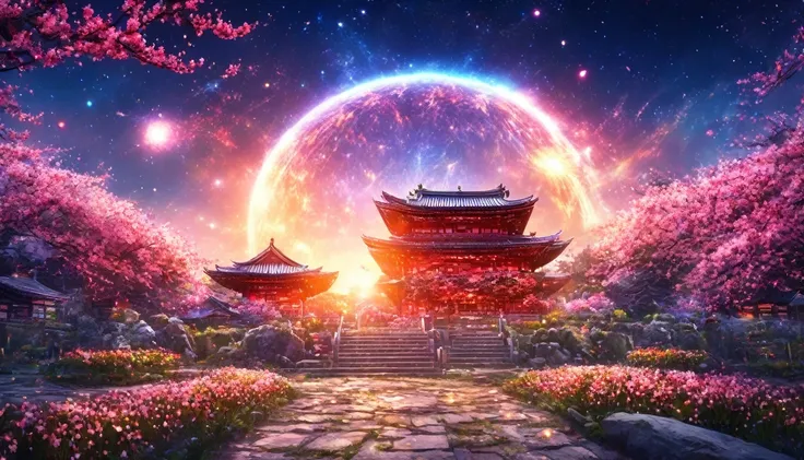 masterpiece, Concept Art, panoramic, In the center, number, Wide-angle lens, Garden, night, (meteor), space galaxy background, (Magnificent composition, Epic Proportions), Dynamic Lighting, Vibrant colors, Cherry blossoms,