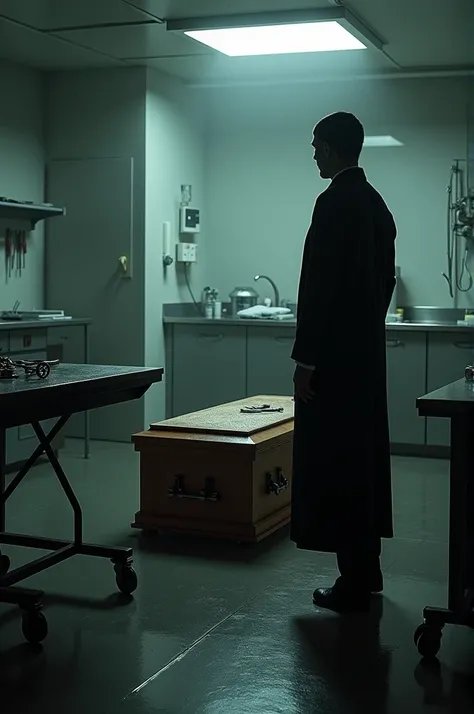 A black silhouette standing to the right side of an uncovered brown coffin in a laboratory , On the left side of the silhouette a metal table with surgical elements