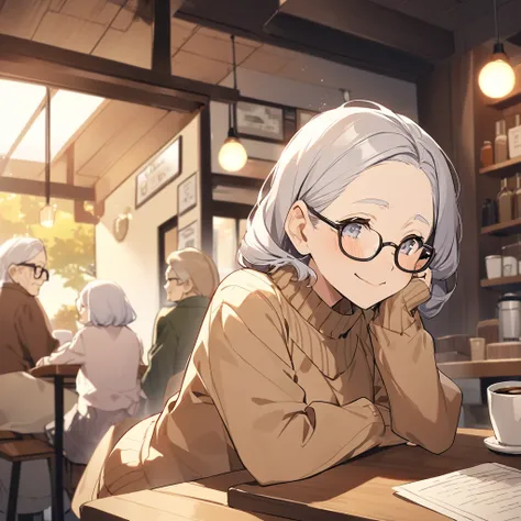 80 years old,90yo,old woman,Black-rimmed glasses,Brown sweater,Older people have a leaning forward posture,sitting in a coffee shop,Calm expression,Morning Set,