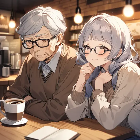 80 years old,90yo,old woman,Black-rimmed glasses,Brown sweater,Older people have a leaning forward posture,sitting in a coffee shop,Calm expression,Morning Set,