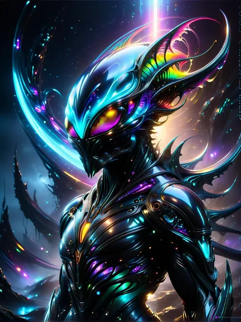 Dark tones，heavy style，Surging and surging，nature，Cold and scary，Dark Universe Background，A masterpiece of ultra-fine detail，Dynamic，Amazing quality，A floating, ethereal, extraterrestrial creature，(Legendary Energy Alien Light Warrior:1.5)，Future alien war...