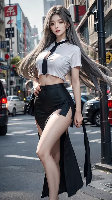 realistic, high resolution, 1 woman, butt up, beautiful eyes, gray hair, long hair, round eyes, collar shirt, belly button visible, black tie, black skirt, city street, Short skirts that show panties, dressed like a student