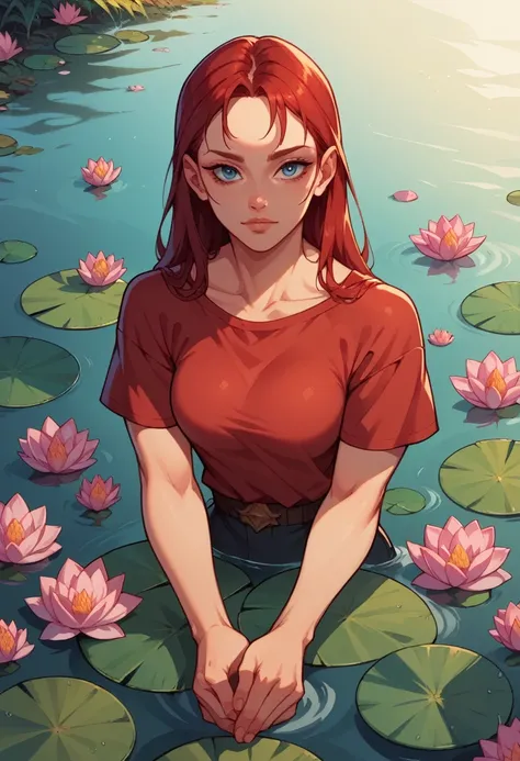 Samia, girl, solo, shirt, looking at you, face, perfect, flowers, high quality,  radiant, knight, godly, red shirt, red velvet, water, ocean,  lotus