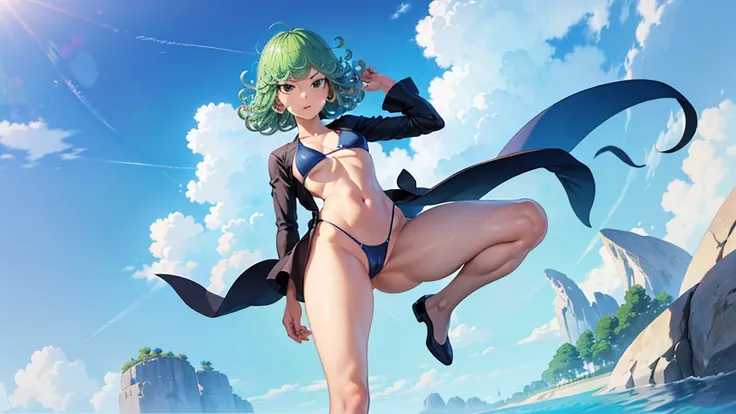 (work of art, best qualityer: 1.2), standing alone, 1 girl, tatsumaki, Lewd, cloused mouth, looking ahead at viewer, in this, Broad Hips, short bikini, standing, legs spread open, blue sky, humor, full body photo, medium breasts