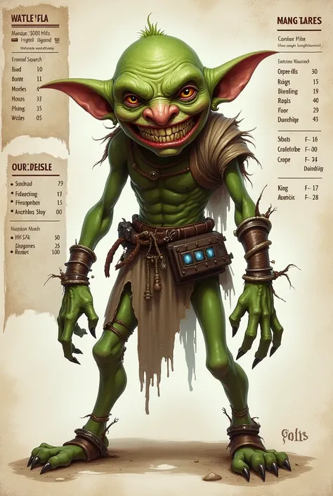 Illustration of an RPG character in close-up full body Goblin character sheet