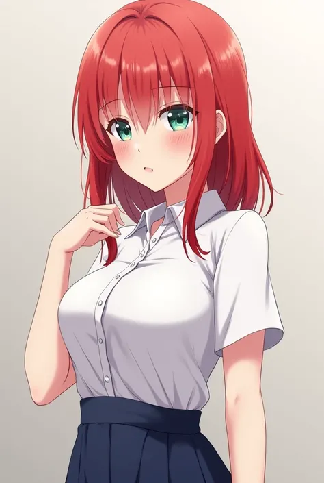 anime girl, with red hair, a delicate shade of red hair, with medium breasts, white shirt and a navy blue skirt