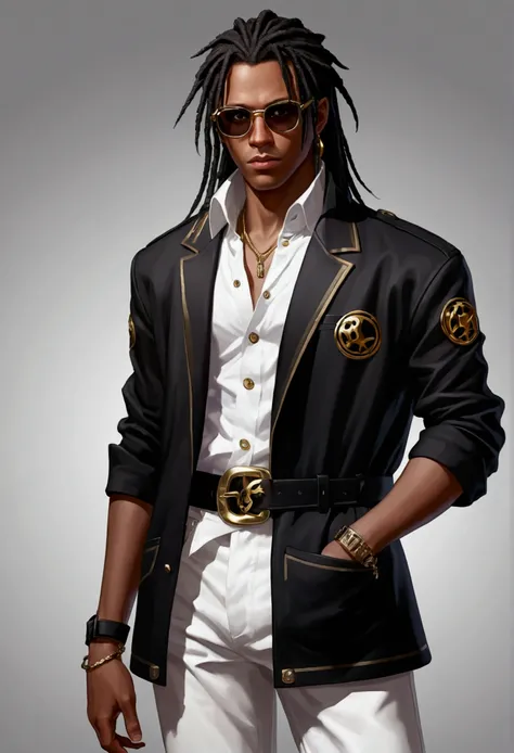 Dark-skinned young man with brown eyes and a black jacket., Black dreadlocks, Black glasses, Hairstyle with dreadlocks and Black demonic horns , in human style, colorful sketch, unrealistic character concept, Conceptual portrait of my character, подробный ...