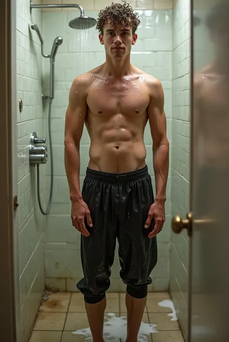 a pubescent boy getting wet/getting soaked with clothes on (chicken, pants, socks and shoes) in the shower all wet and dripping showing off my soaked ass