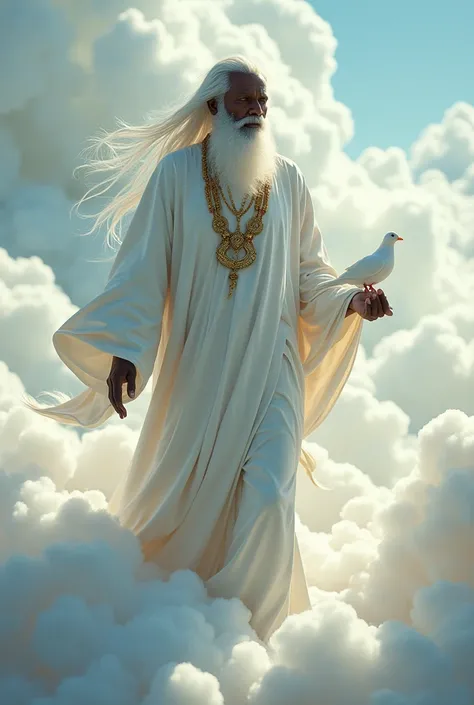 Orisha Black Man, elder, white bearded, Walking on clouds, White tunic, white necklaces, holding a white dove in his hand