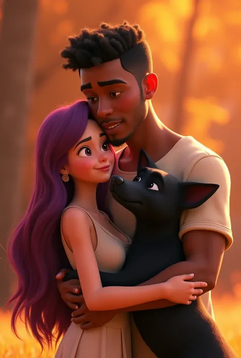 Disney Pixar-type animation of a young Colombian man with dark skin, cheek, Short curly black hair with a fade cut, thin nose, thin eyebrows and short beard. hugging a young woman with long violet red hair, white skin and a border collie dog with the whole...