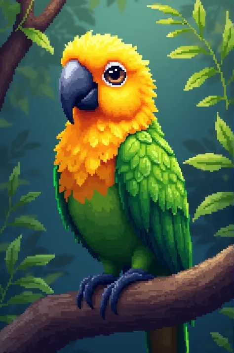 Generate me a little bird, a yellow-headed parrot as a pixel 