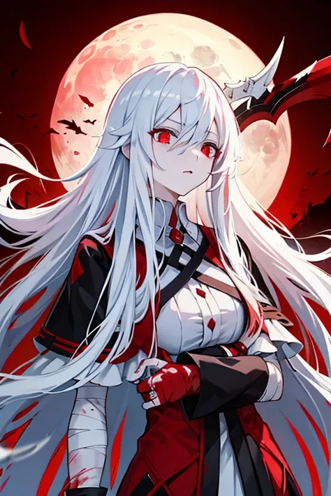 Long pure white hair girl, covered with bandages，A lot of blood，red color eyes，Lots of wounds，Scythe of Death，burial site，Blood red moon