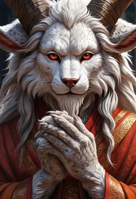 Anthropomorphic  kitsune-satyr monk. Old, wrinkled ancient, wise face. gray fur speckled red. long detailed fingers. Official Art – An Award-Winning Digital Masterpiece In 4K Ultra HD, Extreme Detail And Intricate Realism. Symmetrical Face. This Concept Ar...