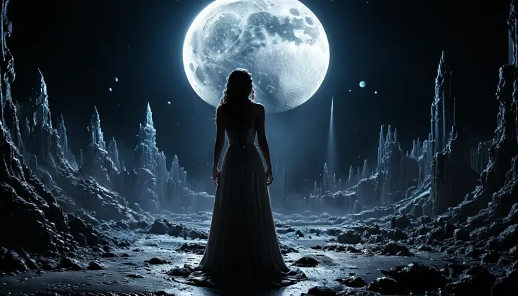 goddess,Are standing, Moonlight Confession, I am on the moon、I asked if you still needed me. She said that I was not used to dealing with such cases.. Cinematic, Dramatic lighting, Very clear, 息を呑む超現実的なmasterpiece,(masterpiece, Highest quality, Official Ar...