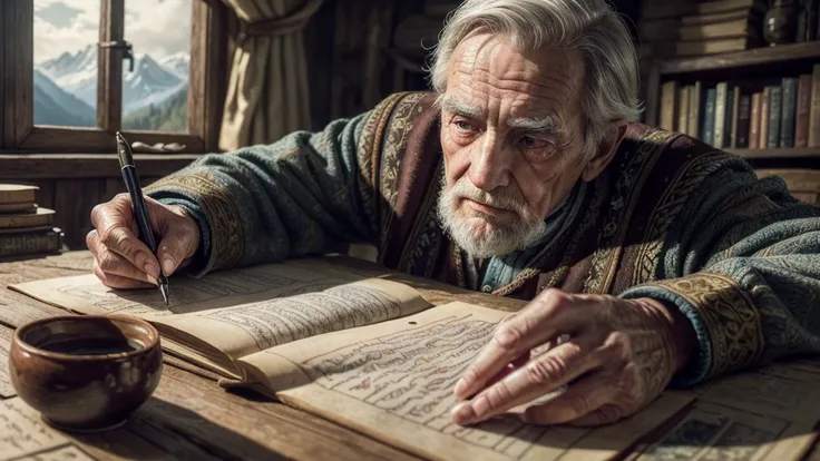 (old man writing a parchment book on a mountain,detailed elderly man,detailed face,detailed hands,detailed clothing,detailed scenery,cinematic lighting,dramatic lighting,vibrant colors,intricate details,award winning,masterpiece,highly detailed,8k,photorea...