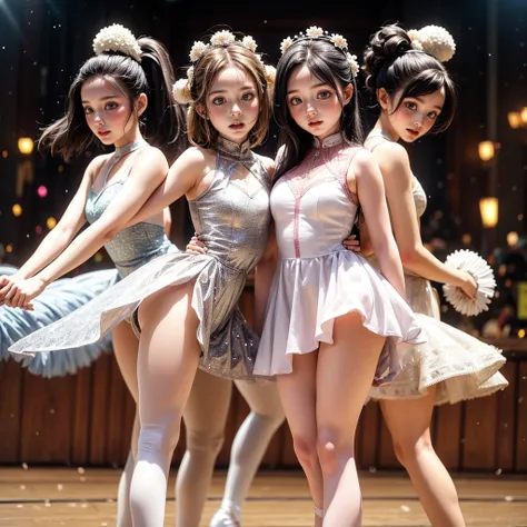 SFW, ExtremelyDetailed (((Kawaii Ballet Girls Group in a row:1.37))), Childish perfect face, Reflective Eyes, Detailed(Delicate Clothing textures), corrected hand, Dynamic Joyful Expressions LifeLike Rendering, (Specular Reflection:0.2), TopQuality 8K Ultr...