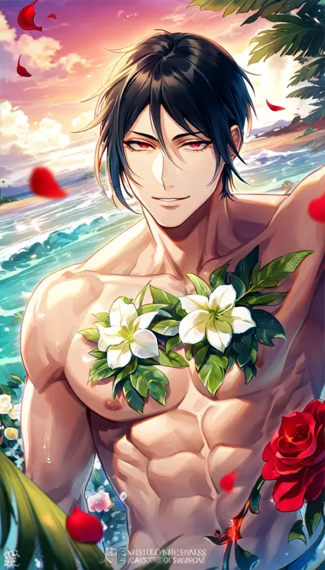 Ultra detailed, HDR, Highres, absurdres, master piece, Sebastian Michaelis, black hair, expressive red eyes, without shirt, bare chest, toned chest, Kuroshitsuji, sexy man, handsome, flowers, petals, fantasy, magical, green leaves, handsome, best quality, ...