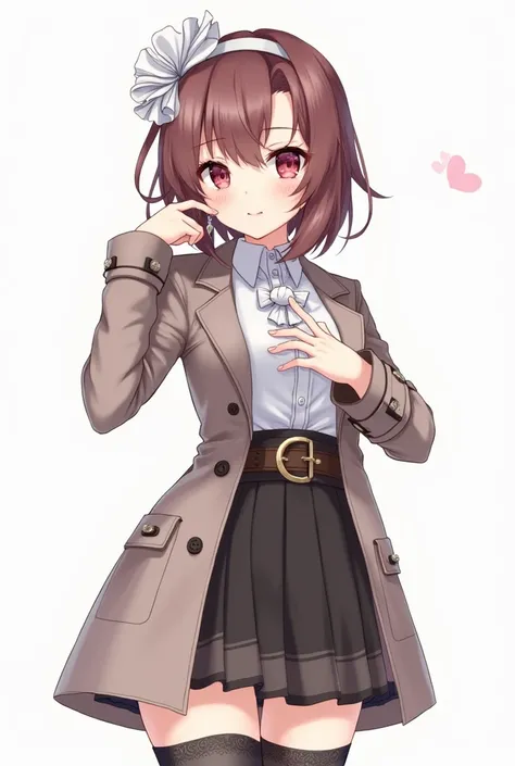 best quality,highly detailed,masterpiece,ultra-detailed,solo,(Delicate eyes),(white background:1.3),red eyes,standing,beltskirt,[trench coat:20],jewelry, mole_under_eye, looking_at_viewer, frilled_hairband,earrings