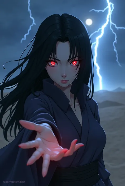 Naruto style, black hair, red eyes, long hair, female, looking at viewer, pensive, moonlight, desert, lightning strike, outstretched hand, sharingan eyes