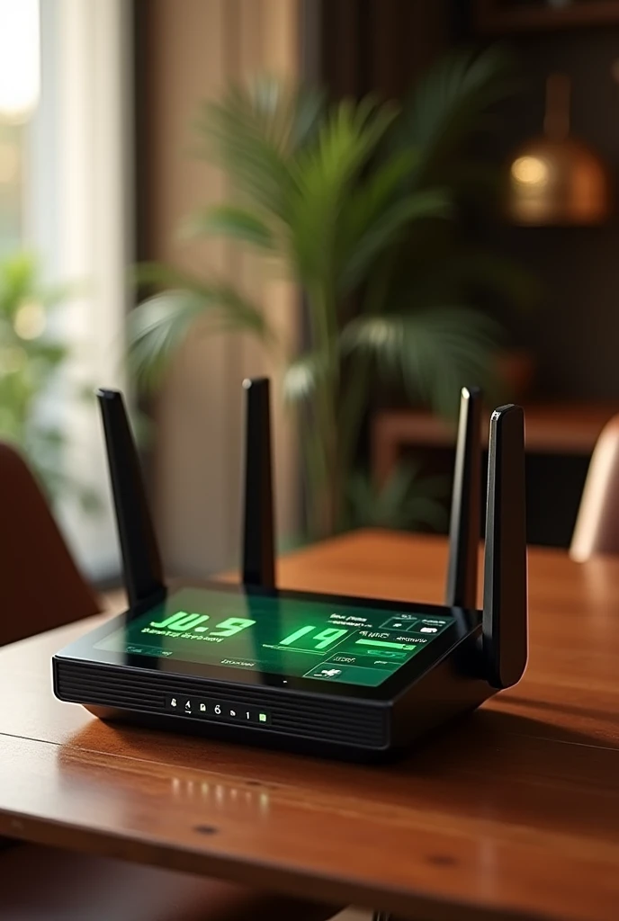 Mahogany-colored router with a touch screen and a green writing that says WiFi on the front 